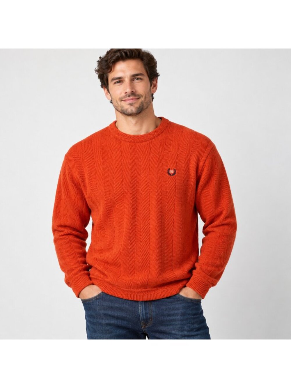 Chaps Ralph Lauren Sweater Mens XL Orange Chevron Knit Cotton Crewneck Preppy